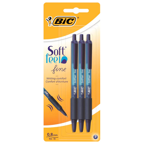 Ручки шариковые автоматические с грипом BIC "Soft Feel Fine", НАБОР 3 шт., линия письма 0,8 мм