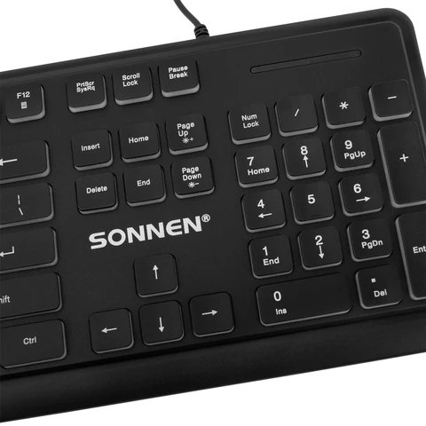Клавиатура проводная USB, 104 плоские клавиши, LED-подсветка, SONNEN K308, черная