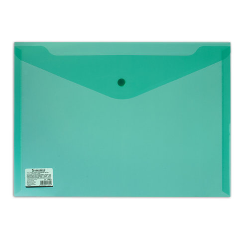 Папка-конверт на кнопке А4, BRAUBERG, 180мкм, зеленая