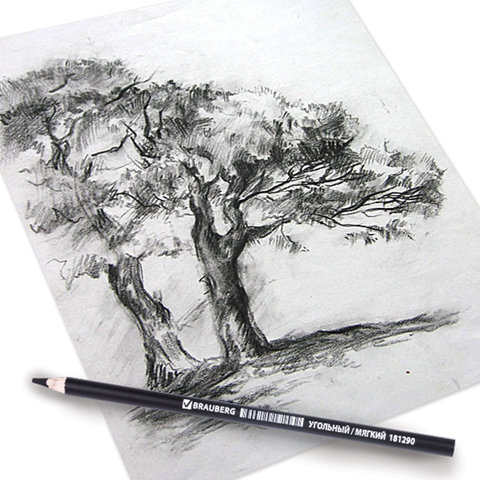 Карандаш угольный BRAUBERG ART CLASSIC, 1 шт., МЯГКИЙ, круглый, корпус черный, заточенный